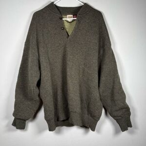 Cabela's Olive Green Grey V-Neck Windstopper Lining 100% Wool Sweater Mens XLT